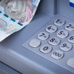 Dłoń trzyma banknot 500 zł przy bankomacie z klawiaturą numeryczną.