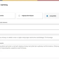 Formularz mBanku do załatwiania spraw. Wybierz "rachunki", a następnie "wypowiedzenie umowy" by dowiedzieć się, jak zamknąć konto w mbanku.
