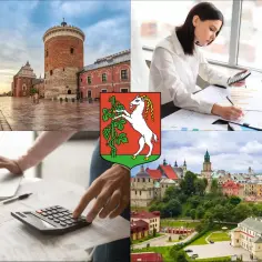 Kolaż: Zamek Lubelski, herb Lublina, kobieta z kalkulatorem i laptopem, panorama miasta.