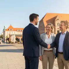Trzech biznesmenów w garniturach ściska sobie dłonie na tle budynków z czerwonymi dachami.