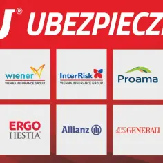 Logotypy firm ubezpieczeniowych: PZU, Wiener, InterRisk, Proama, Pru, TUZ, Ergo Hestia, Allianz, Generali, Agro Ubezpieczenia.