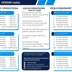 Cennik usług księgowych: uproszczona, pełna, dodatkowe, transakcje zagraniczne. Logo Feri Księgowość.