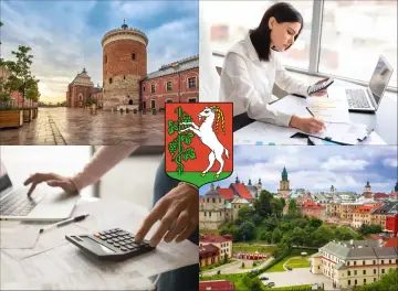 Kolaż: Zamek Lubelski, herb Lublina, kobieta z kalkulatorem i laptopem, panorama miasta.