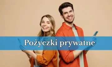 Uśmiechnięta para z telefonami w dłoniach. Tekst na zdjęciu: "Pożyczki prywatne". Szukasz kogo polecacie?